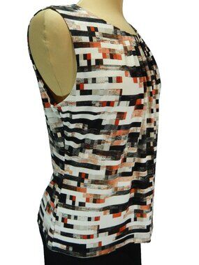 Calvin Klein Red/Black/White Geometric Pleat Neck Sleeveless Career Top Lg EUC